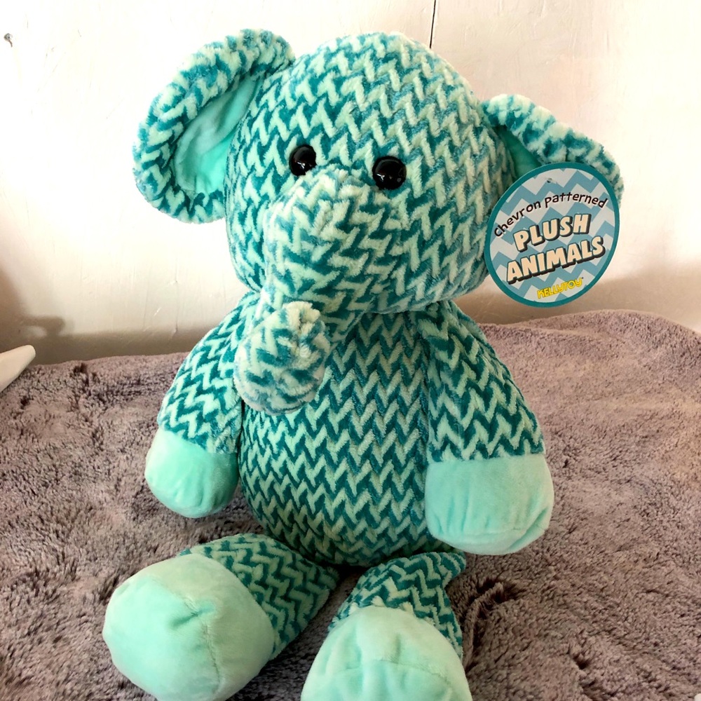 KellyToy Teal Elephant Chevron Zig Zag Blue Plush Stuffed Animal